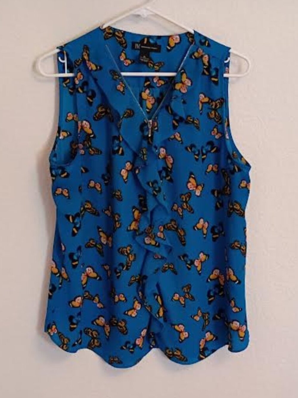 INC INTERNATIONAL CONCEPTS WOMEN'S TOP BLUE BUTTERFLY SLEEVELESS RUFFLE ZIP XL